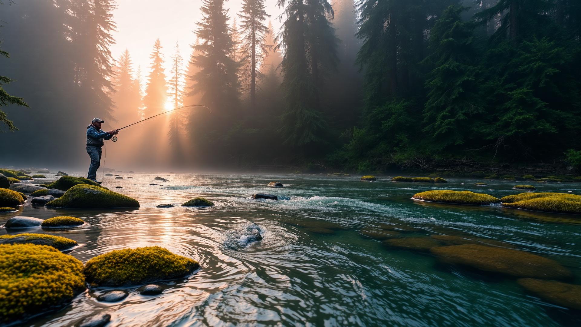 Fly fisherman on the McKenzie River at golden hour